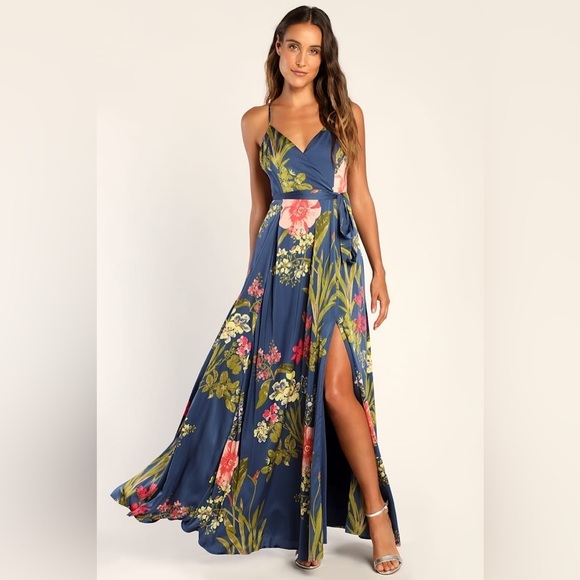 NEW Lulus Still the One Blue Floral Print Satin Maxi Dress Sz XS - Picture 2 of 15